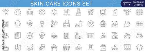 Minimal skin care and beauty treatment icon set featuring cosmetic routine, dermatology, spa therapy, hygiene products, and facial care symbols with editable stroke style.