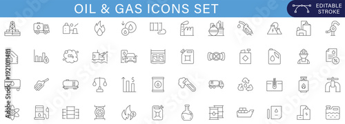 Minimal oil and gas industry outline icons featuring refinery, drilling, fuel station, pipeline, tanker, offshore platform, and energy production symbols with editable stroke style.