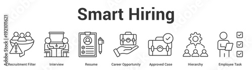 Smart Hiring web banner icon set vector illustration concept for business with icon of Recruitment Filter, Interview, Resume, Career Opportunity, Approved Case, Hierarc.
