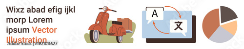 Transportation, language translation, technology, communication, analytics, business. Vespa scooter, translation symbols pie chart visualization. Transportation and language translation are