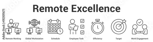 Remote Excellence web banner icon set vector illustration concept for business with icon of Remote Working, Global Workstation, Schedule, Employee Task, Efficiency, Targ.