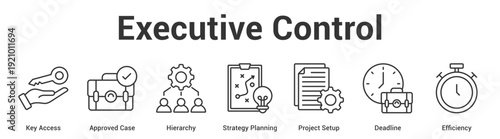Executive Control web banner icon set vector illustration concept for business with icon of Key Access, Approved Case, Hierarchy, Strategy Planning, Project Set.