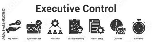 Executive Control web banner icon set vector illustration concept for business with icon of Key Access, Approved Case, Hierarchy, Strategy Planning, Project Set.