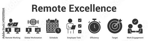Remote Excellence web banner icon set vector illustration concept for business with icon of Remote Working, Global Workstation, Schedule, Employee Task, Efficiency, Targ.