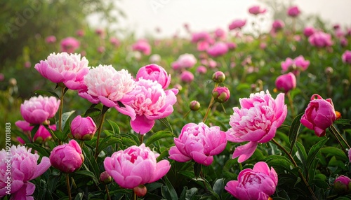 Lush pink peonies bloom in soft, hazy morning light