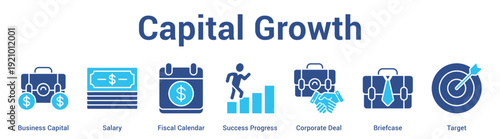 Capital Growth web banner icon set vector illustration concept for business with icon of Business Capital, Salary, Fiscal Calendar, Success Progress, Corporate De.