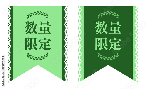 「数量限定」の文字が入った緑色の垂直フラッグ・リボンバッジセット。エレガントなレース装飾付きの吊り下げ旗。店舗の販促キャンペーン、季節のセール、限定商品の告知に最適なベクターイラスト素材。