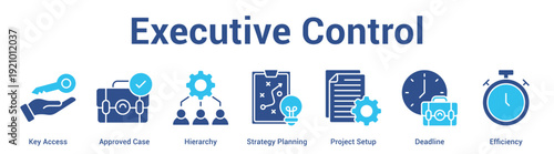 Executive Control web banner icon set vector illustration concept for business with icon of Key Access, Approved Case, Hierarchy, Strategy Planning, Project Set.