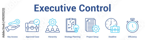 Executive Control web banner icon set vector illustration concept for business with icon of Key Access, Approved Case, Hierarchy, Strategy Planning, Project Set.