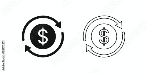 Dollar coin with circular arrows icon, representing money exchange, transfer, refund, or financial circulation in solid and outline styles