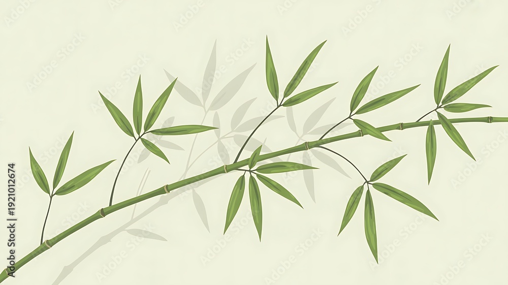 Fototapeta premium Green bamboo branch with delicate leaves casting soft shadows on a pale background