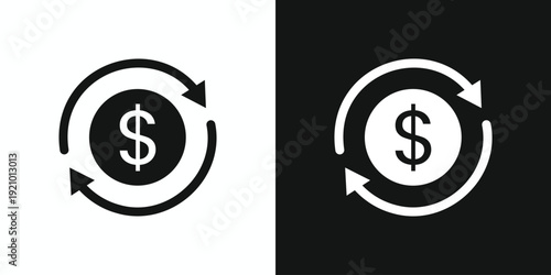 Dollar coin icon set in solid black and white versions, illustrating money transfer, exchange, and financial flow