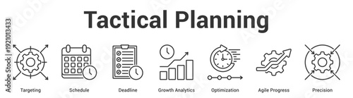 Tactical Planning web banner icon set vector illustration concept for business with icon of Targeting, Schedule, Deadline, Growth Analytics, Optimization, Ag.