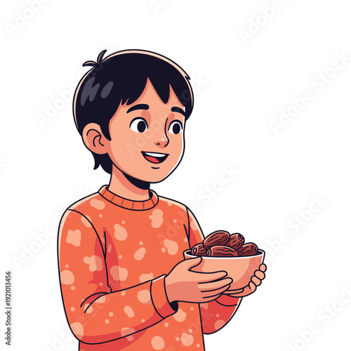Cartoon Boy Holding Bowl of Chocolate Treats.