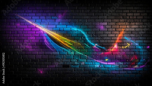 Abstract neon light art on a black brick wall background creating a vibrant and dynamic visual texture