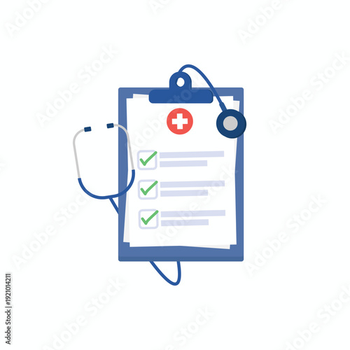 Medical clipboard with health checklist and stethoscope vector illustration, representing medical insurance, physical exam, and healthcare concept