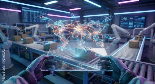 Augmented reality display showing global logistics and automated warehouse operations with drones and robotic arms