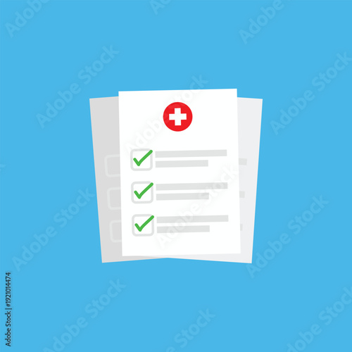 Stack of medical health checklist documents with green check marks, representing clinical records, healthcare insurance, and patient exam results