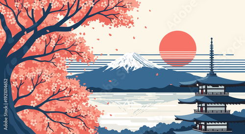 Coral cherry blossoms and a tiered pagoda frame a mirrored Mount Fuji under a striped crimson sun in this serene, Ukiyo-e inspired vector illustration of a tranquil Japanese landscape