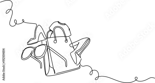 Continuous line drawing of a shopping bag with high heels, glasses, and clothes, minimalist fashion concept line art