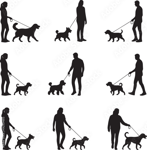 People walking dog silhouette