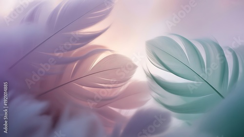 Soft pastel feathers gently floating in a dreamy ethereal light with subtle color gradients of purple pink and teal
