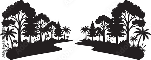 River bank trees silhouette vector