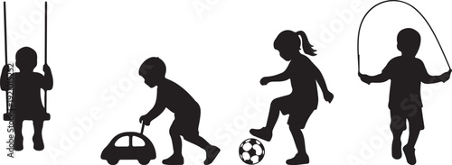 Set of four children silhouettes playing in different actions, white background vector