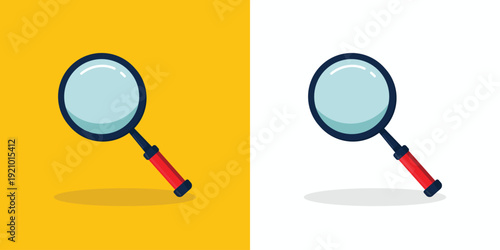 Flat magnifying glass icon with red handle and shadow set, perfect for search, analysis, discovery, and web interface design
