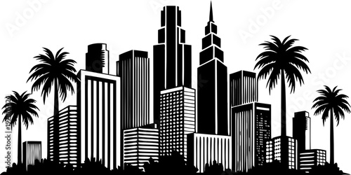 Los Angeles cityscape with palm trees skyline buildings los angeles, cityscape, palm trees, skyline, buildings, urban, black and white, city, landscape, palm tree, silhouette, architecture, cityscape