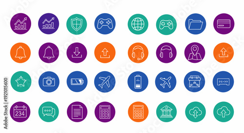Colorful icons for business, technology, and communication on white background