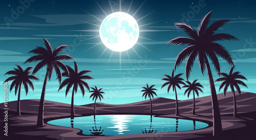 Tropical island landscape with palm trees serene lagoon and full moon shining brightly in night sky