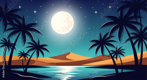 Tropical desert landscape with palm trees under a full moon and starry night sky by serene water