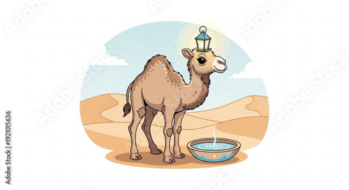 A cartoon camel wearing a crown stands beside a bowl of water in the desert with a lantern on its head