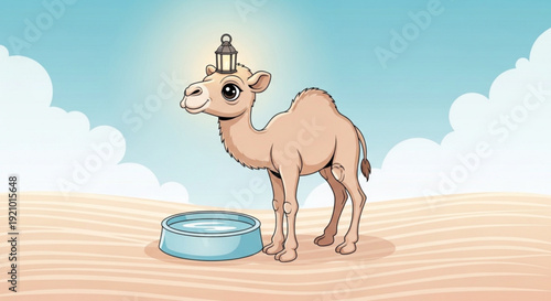 Cartoon camel standing on desert sand with blue bowl and lantern on head under sunny sky