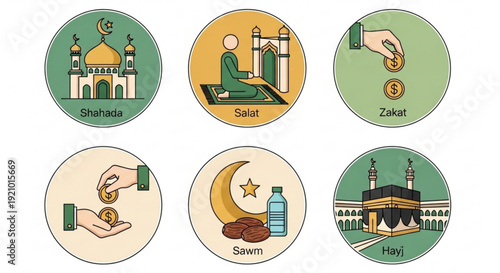 Islamic ramadan symbols set six icons of shahada salat zakat sawm hajj and charity illustrating key concepts of muslim faith and practices