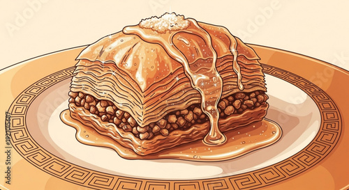 Baklava dessert on a plate with honey sauce and nuts traditional sweet pastry