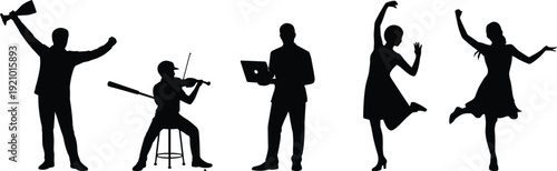Black silhouette collection of talented people including a trophy winner musician with violin laptop user and expressive dancers for success.
