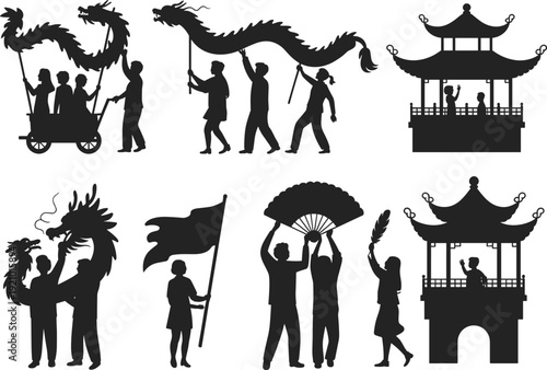 Black silhouette collection of Chinese New Year celebration including dragon dance performers pagoda architecture fan dancers flag bearer and cultural icons.