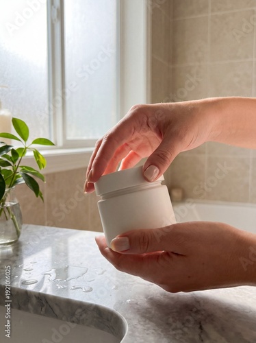 Close up of hands opening a white cosmetic jar on a marble countertop in a bright bathroom environment