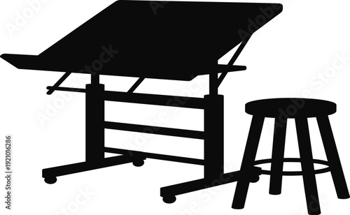 Black silhouette of an adjustable drafting table and stool for architecture engineering technical drawing creative design and professional workspace office equipment.