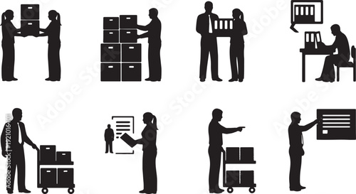 Black Solid Manager Stacking Boxes Silhouettes Set of Six on White Background