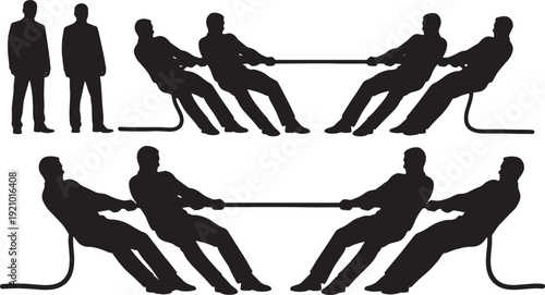 Black Solid Managers Tug of War Silhouettes Set of Six on White Background