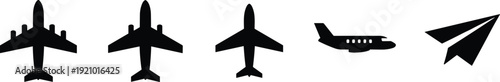 Airplane and paper plane icon collection featuring jet aircraft silhouettes and messaging symbol, representing aviation travel, air transport, delivery services, communication and modern digital