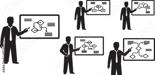 Black Solid Manager with Whiteboard Workflow Silhouettes Set of Six on White Background