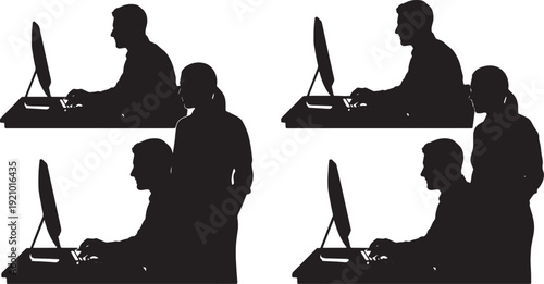 Black Solid Manager Typing Training Silhouettes Set of Six on White Background