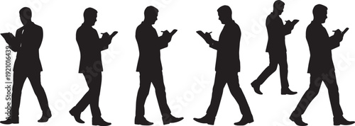 Black Solid Manager Writing Walking Silhouettes Set of Six on White Background