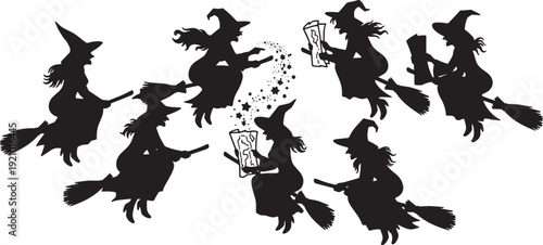 Black Solid Map Contemplating Witch Silhouettes Set of Six on White Background
