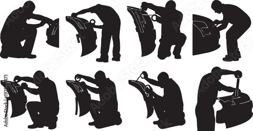 Black Solid Mechanic Masking Tape Silhouettes Set of Six on White Background