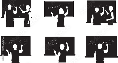 Black Solid Math Teacher Silhouettes Set of Six on White Background